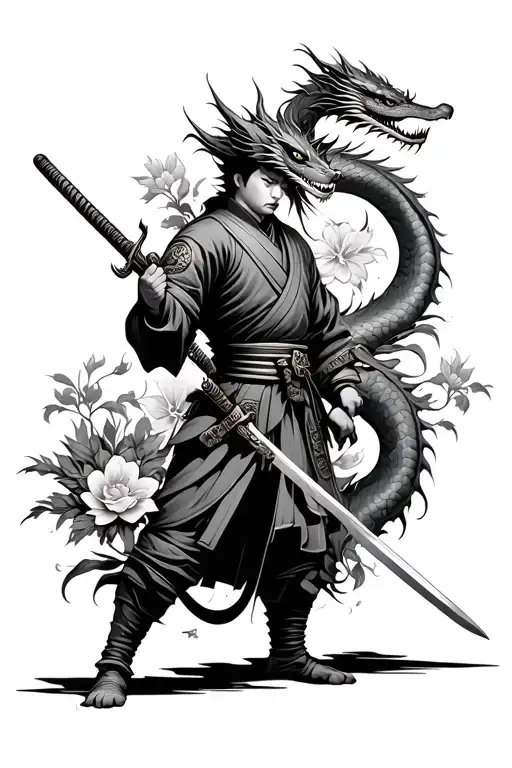 Japanese Soldier Holding A Sword And Dragon And Flowers