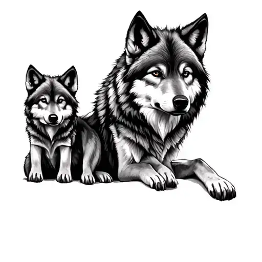 Mama Wolf With 2 Wolf Pups