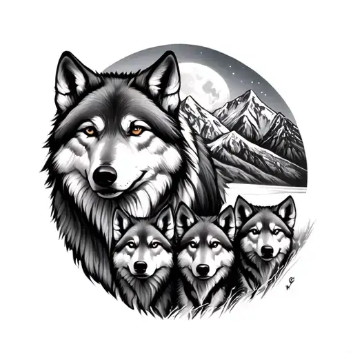 Mama Wolf With 2 Wolf Pups Mountain Ranges And Moon Background