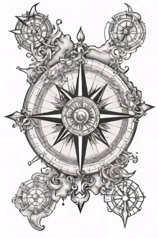 Nautical Compass On A Map Tattoo Design Combining Elements