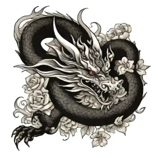 Dragon With Flowers And Chines Handwriting
