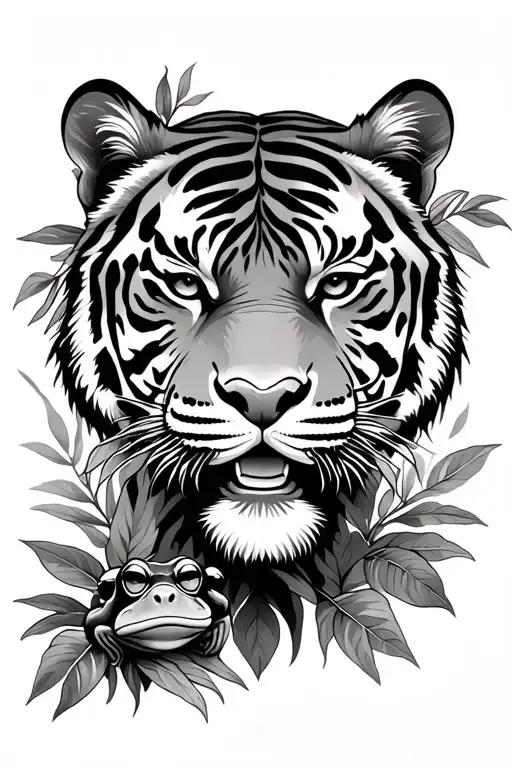 Tiger Head With Jungle Leaves A Baby Monkey Frog A Temple And Aphrodite