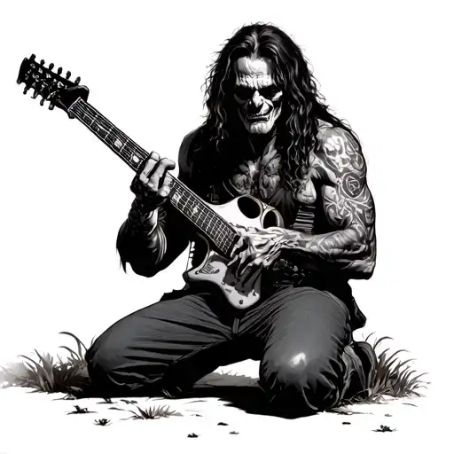 Eddie Iron Maiden Kneeling In The Cemetery With Guitar