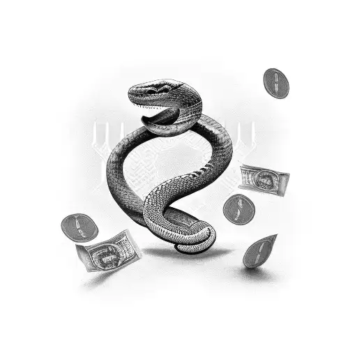 A Black And Grey Tattoo Of A Snake Wrapped Around A Stack Of Money In A City Skyline
