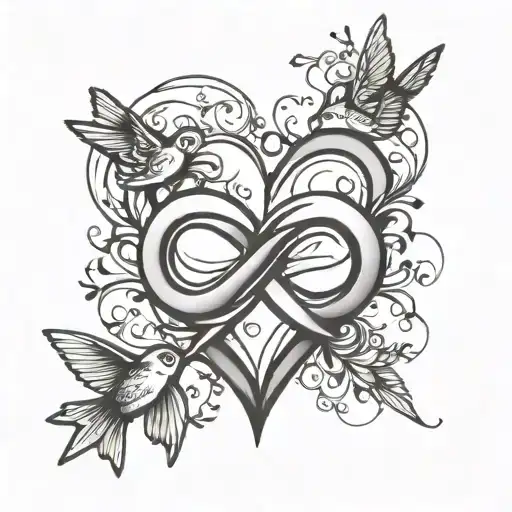 Infinity Symbol Heart With 2 Small Simple Birds Flying