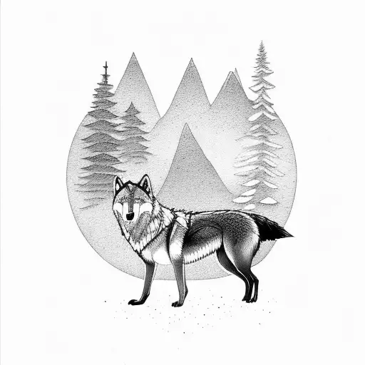 Wolf Looking Over Mountains Trees And Stars