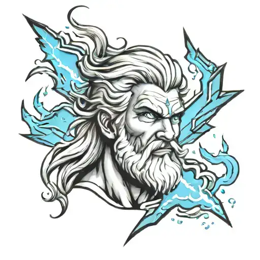 A Black And Gray Tattoo Traditional Zeus With Blue Eyes Holding A Blue Lightning Bolt