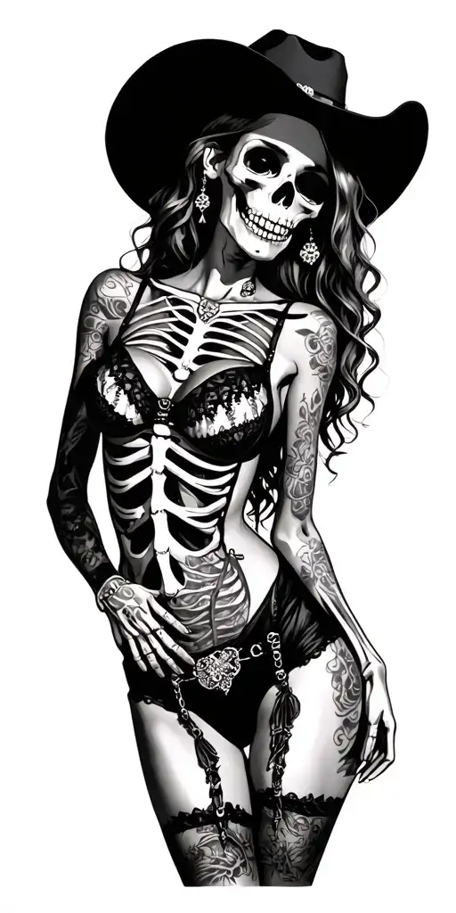 Woman In Lingerie Posing Skeletons Wearing Cowboys