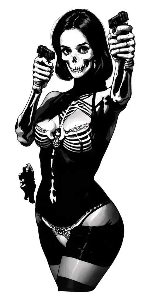 Woman In Lingerie Posing Skeletons Shooting Finger Guns