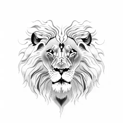 Lion With Docile And Fierce Gesture Decorated With Flowers Symbolizing Yin Yang