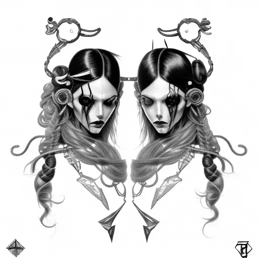 Goth Cyborg Gemini Sisters Hair Tangled Together Wide Composition