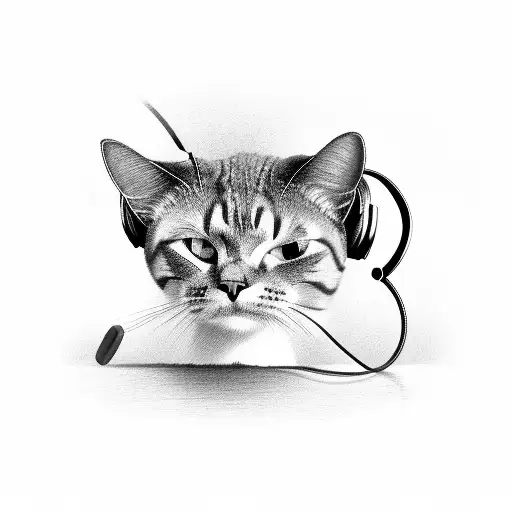A Black And Grey Portrait Of A Cat Listening To Music