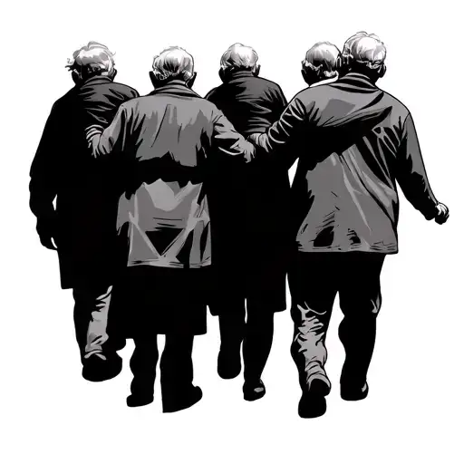 Shadow From Behind Of Two Grandfathers Carrying Their Grandson Between Their Shoulders