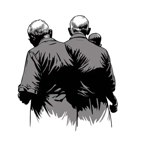 Shadow From Behind Of Two Grandfathers Carrying Their Young Grandson Between Their Shoulders