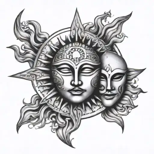 Sun And Moon With Mask Surrounded