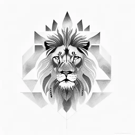 A Black-grey Tattoo Of A Majestic Lion Surrounded By A Geometric Forest