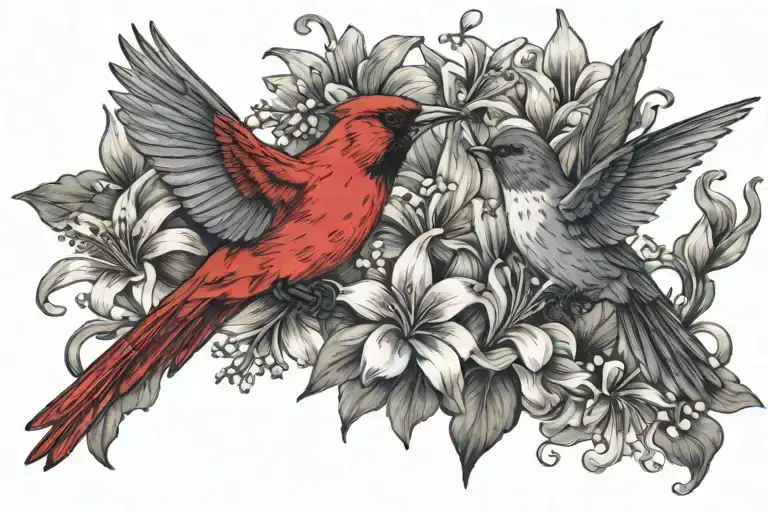 Cardinal And Humming Bird In Daisies And Lilly Of The Valley