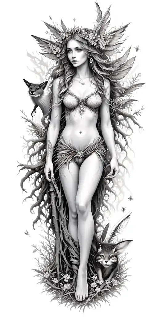 A Mystical Forest Nymph Surrounded By Woodland Creatures And Elements Of Irish Folklore