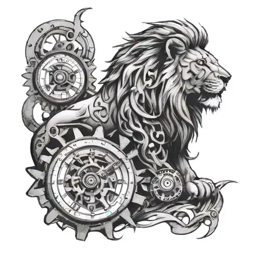 Scarred Lion And Clock Gears Intertwined