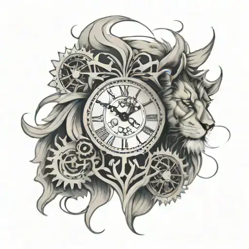 Scarred Lion Head And Clock Gears Intertwined
