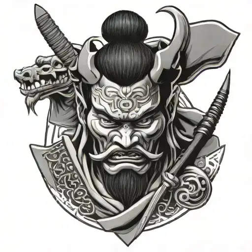 Samurai With An Oni Mask Holding