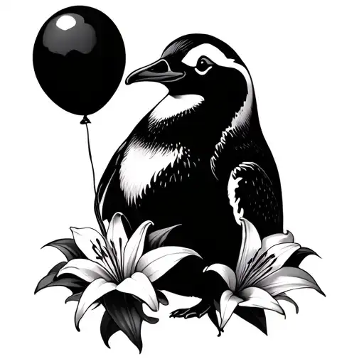Penguin With Lillies Intertwined And Holding A Balloon