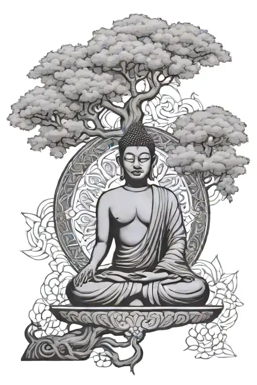 Mandala Buddha Meditating Front Of Tree Life