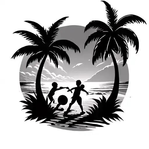 Kids Playing Football At A Beach With Palm Trees