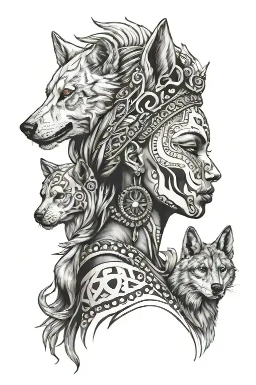 African Women With Skull And Wolf Underneath