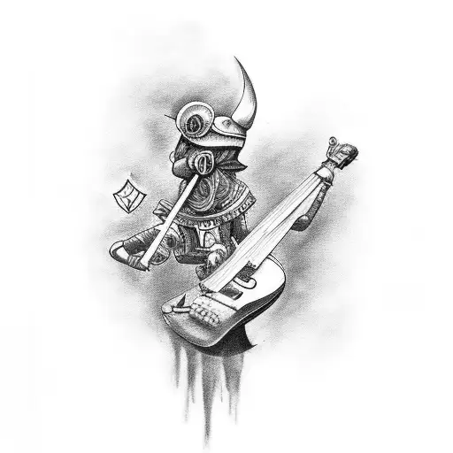 A Black And Grey Tattoo Of A Character From A Favorite Game Playing A Musical Instrument