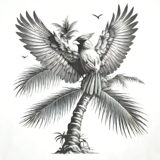 Flying Cardinal And Palm Tree