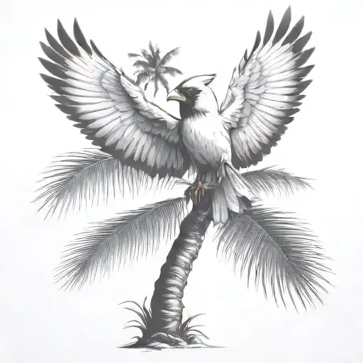 Flying Cardinal And Palm Tree
