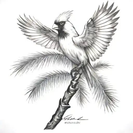 Flying Cardinal And Palm Tree