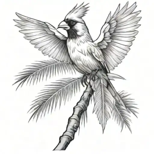 Flying Cardinal And Palm Tree