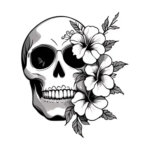 Sugar Skull With Hibiscus Flowers