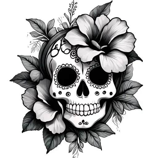 Sugar Skull With Hibiscus Flowers Intertwined