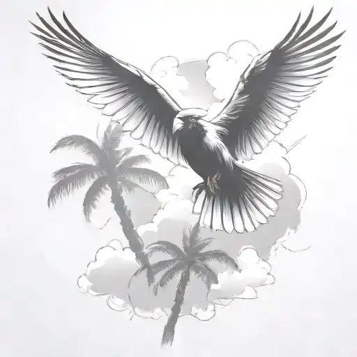 Flying Cardinal And Palm Tree Siloette And Clouds