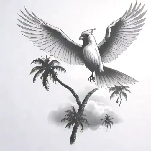 Flying Cardinal And Palm Tree Siloette And Clouds