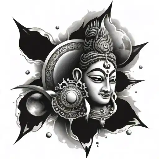 Sudarshan Chakra With Planets Under That Lord Vishnu Lord Krishna And Lord Shiva