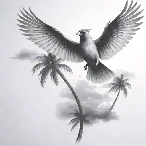 Flying Cardinal And Palm Tree Siloette And Clouds