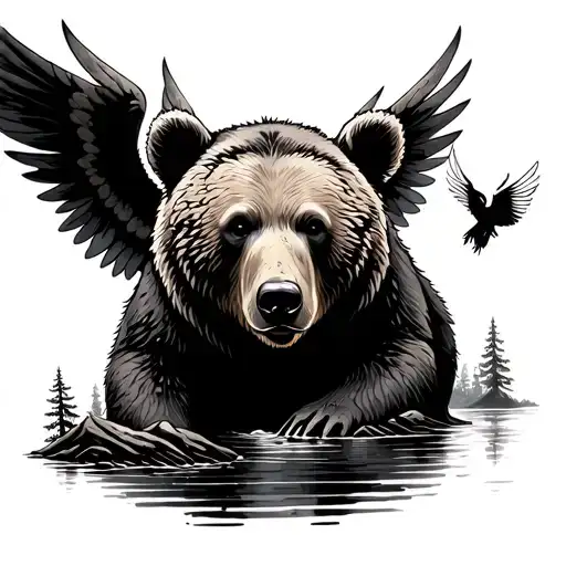 Bear In The Woods With Angel Flying Around In A Forest With A Little River