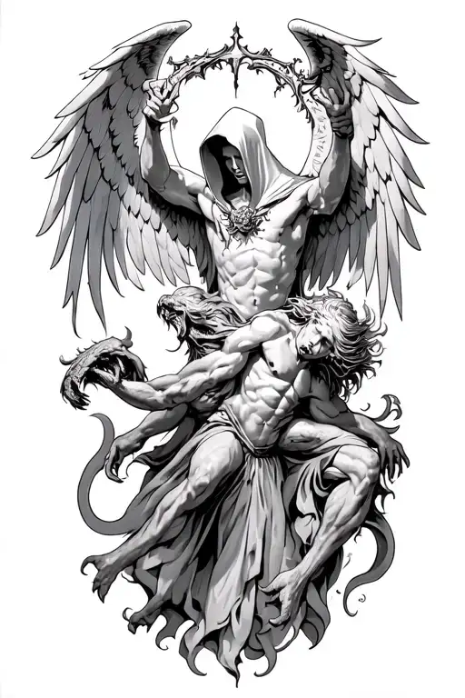 Hooded Arch Angel Defeating A Demon