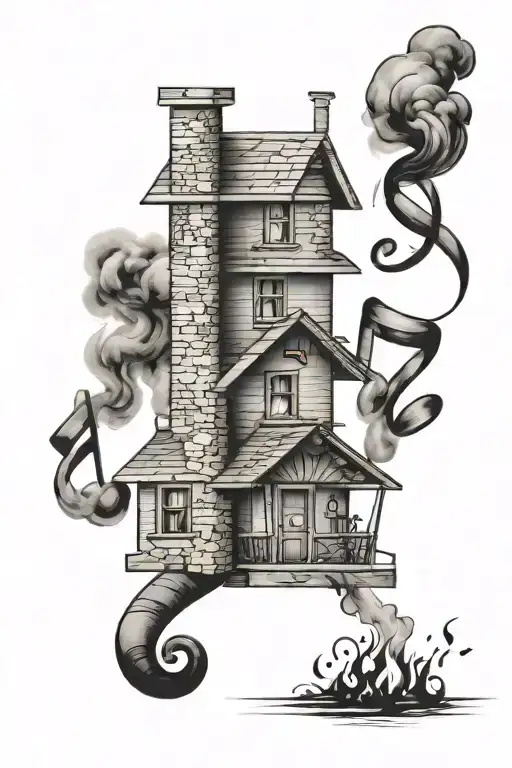 A House With Music Notes Coming Out Of The Chimney As Smoke