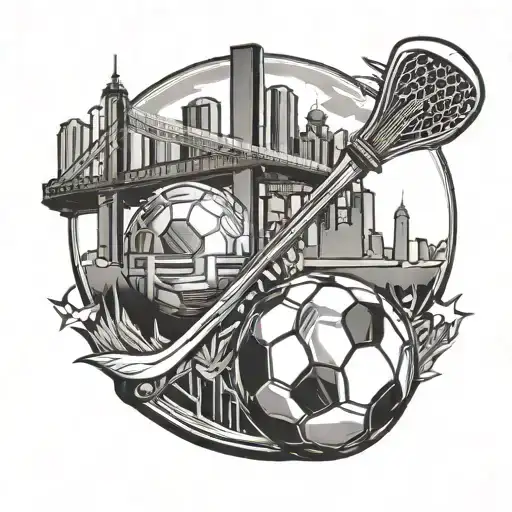 A Hockey Stick And Soccer Ball Crossed With A Toronto Skyline In The Background Tattoo