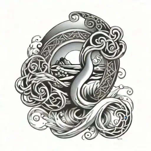 Ocean And Sunrise With Celtic Love Knot Sleeve Tattoo