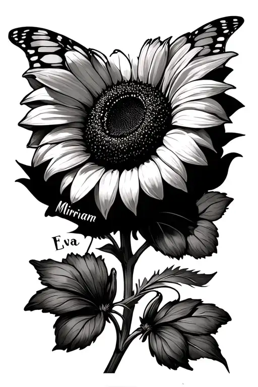 Sunflower With Butterfly And The Name Miriam And Eva
