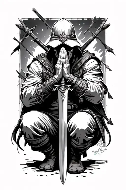 Sword And A Crouching Soldier Praying