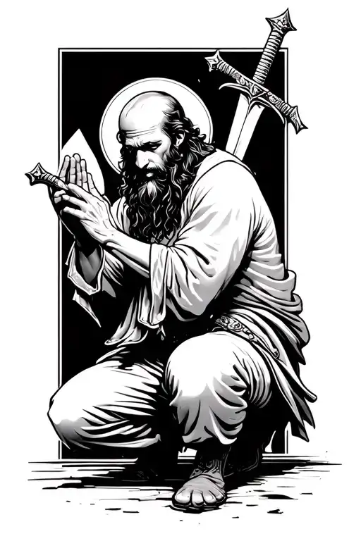 Sword And A Crouching Christian Soldier Praying
