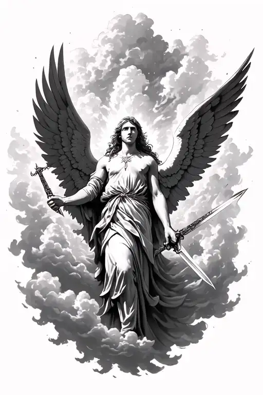 Archangels In Sky On Clouds Angels Have Swords Banishing Reminds Down On Fire