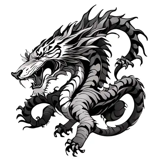 Dragon And Tiger Intertwined In A Dance Like Battle